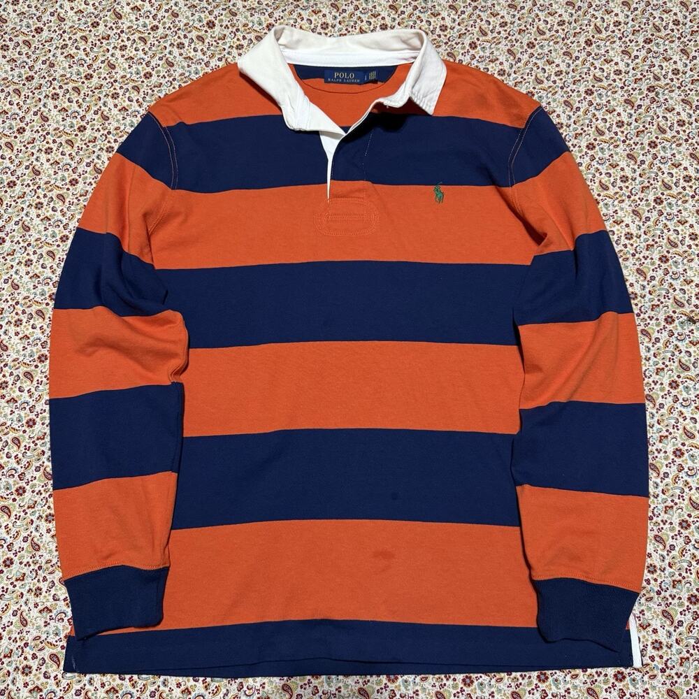 Vintage Polo Ralph Lauren Kanye Orange Royal Blue Striped Rugby Polo Shirt Men L